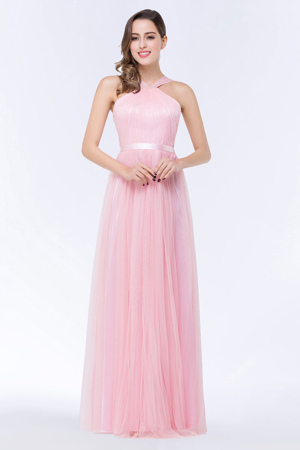 Chic Tulle Ruffle Halter Sleeveless Pearls Bridesmaid Dress with Sash-Babyonlines