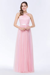 Chic Tulle Ruffle Halter Sleeveless Pearls Bridesmaid Dress with Sash-Babyonlines