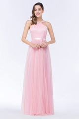 Chic Tulle Ruffle Halter Sleeveless Pearls Bridesmaid Dress with Sash-Babyonlines