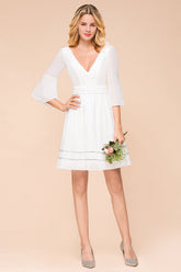 Chic V-Neck 3/4 Sleeves Short White Bridesmaid Dress with Sequins-Babyonlines