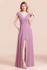 Chic V-Neck Chiffon Wisteria Bridesmaid Dresses with Short Sleeves-Babyonlines