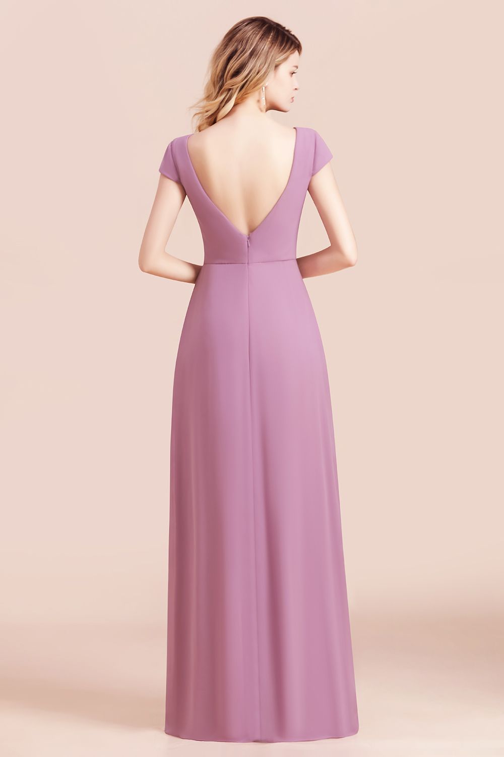 Chic V-Neck Chiffon Wisteria Bridesmaid Dresses with Short Sleeves-Babyonlines