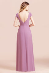 Chic V-Neck Chiffon Wisteria Bridesmaid Dresses with Short Sleeves-Babyonlines