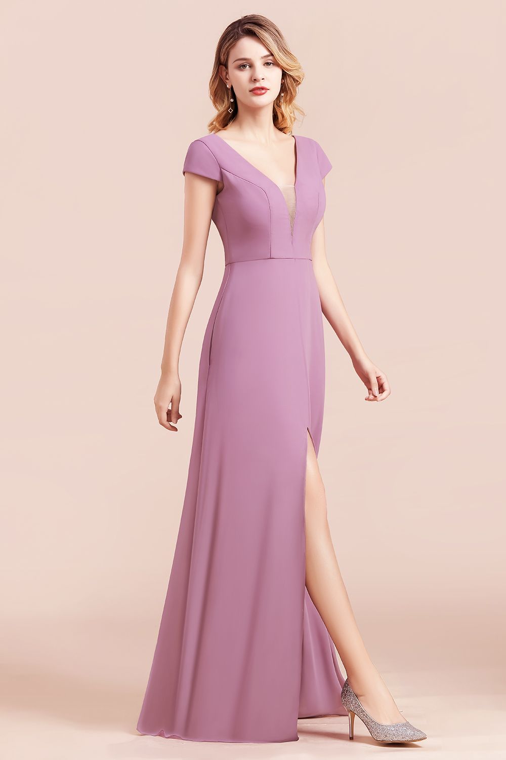 Chic V-Neck Chiffon Wisteria Bridesmaid Dresses with Short Sleeves-Babyonlines