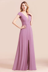 Chic V-Neck Chiffon Wisteria Bridesmaid Dresses with Short Sleeves-Babyonlines