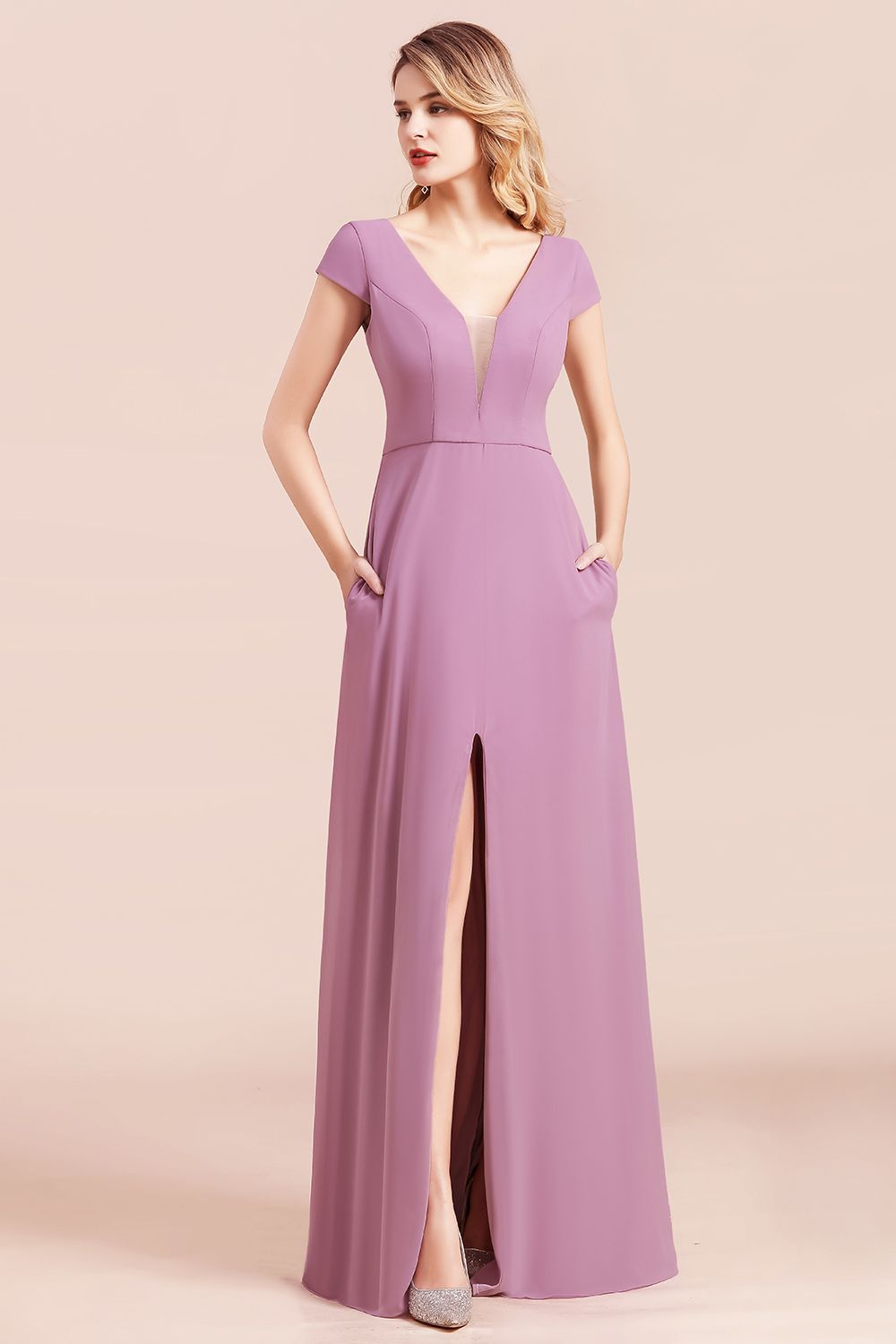 Chic V-Neck Chiffon Wisteria Bridesmaid Dresses with Short Sleeves-Babyonlines