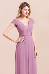 Chic V-Neck Chiffon Wisteria Bridesmaid Dresses with Short Sleeves-Babyonlines