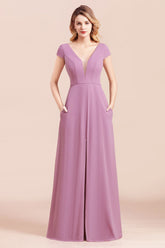 Chic V-Neck Chiffon Wisteria Bridesmaid Dresses with Short Sleeves-Babyonlines