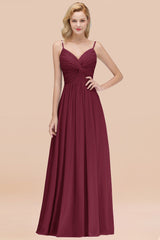 Chic V-Neck Pleated Backless Bridesmaid Dresses with Spaghetti Straps-Babyonlines
