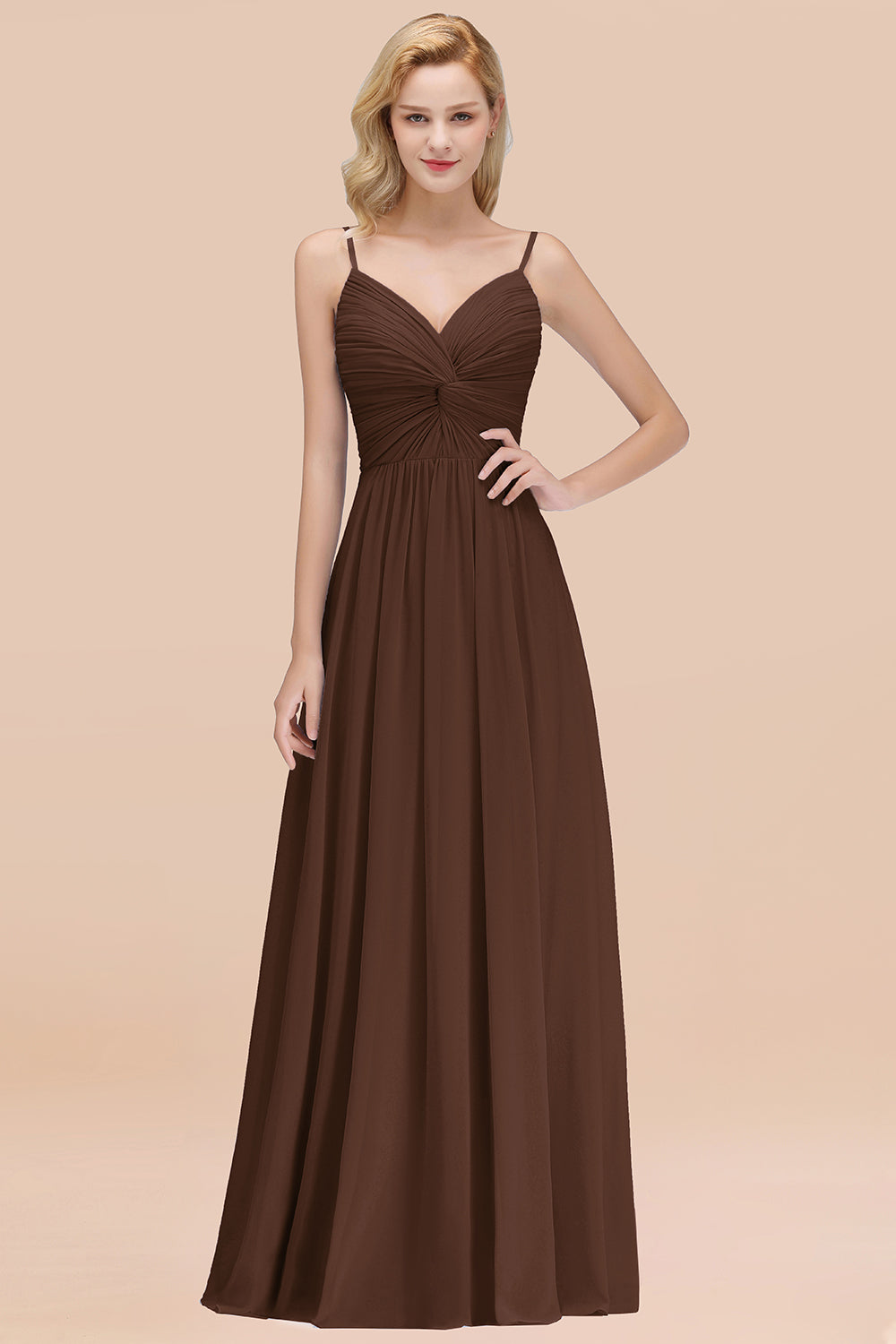 Chic V-Neck Pleated Backless Bridesmaid Dresses with Spaghetti Straps-Babyonlines