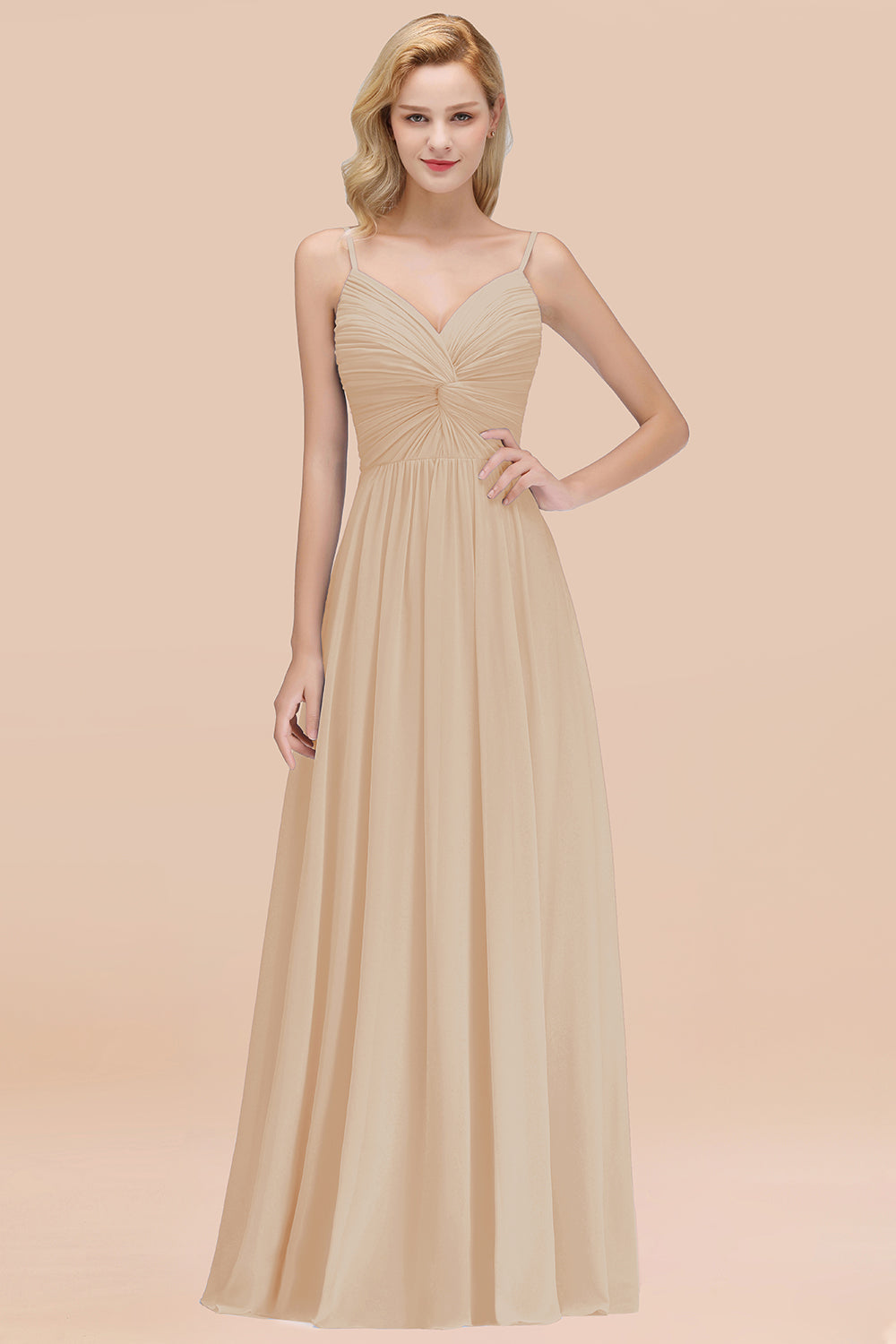 Chic V-Neck Pleated Backless Bridesmaid Dresses with Spaghetti Straps-Babyonlines