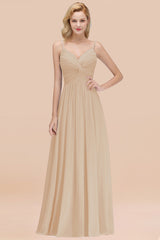 Chic V-Neck Pleated Backless Bridesmaid Dresses with Spaghetti Straps-Babyonlines