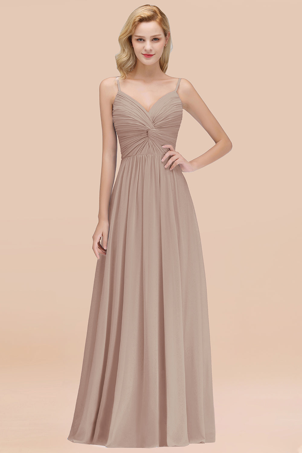 Chic V-Neck Pleated Backless Bridesmaid Dresses with Spaghetti Straps-Babyonlines