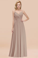 Chic V-Neck Pleated Backless Bridesmaid Dresses with Spaghetti Straps-Babyonlines