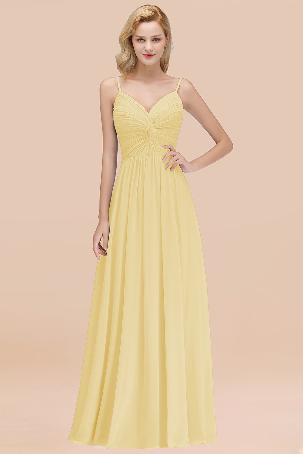 Chic V-Neck Pleated Backless Bridesmaid Dresses with Spaghetti Straps-Babyonlines