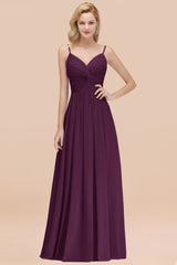 Chic V-Neck Pleated Backless Bridesmaid Dresses with Spaghetti Straps-Babyonlines