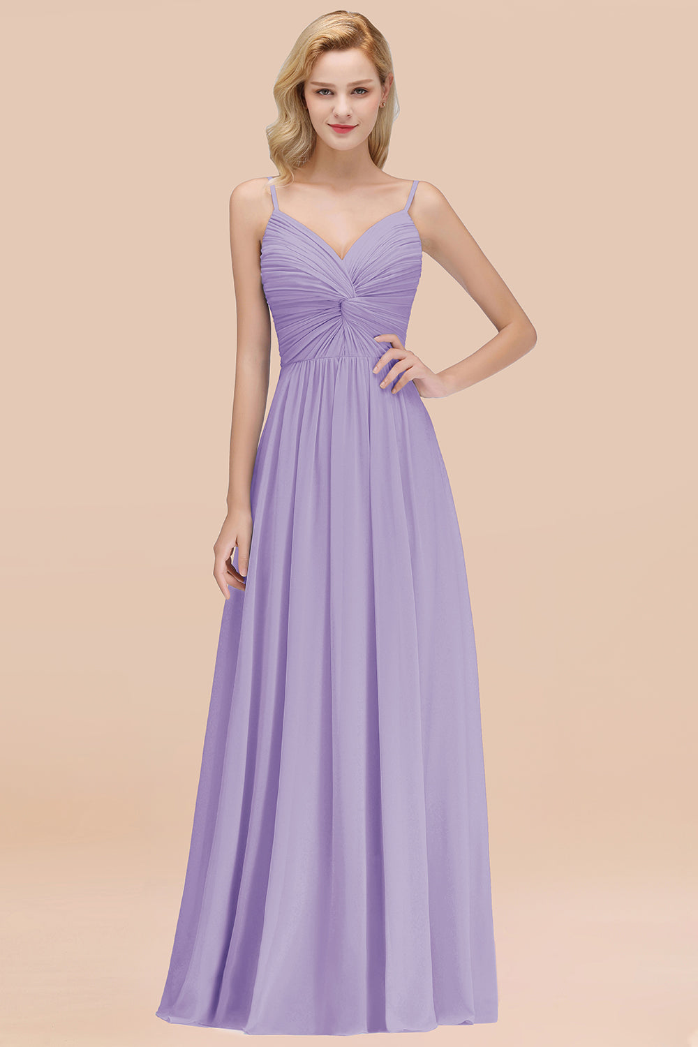 Chic V-Neck Pleated Backless Bridesmaid Dresses with Spaghetti Straps-Babyonlines