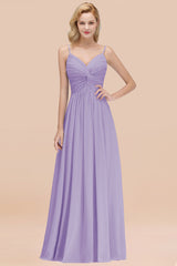 Chic V-Neck Pleated Backless Bridesmaid Dresses with Spaghetti Straps-Babyonlines