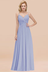 Chic V-Neck Pleated Backless Bridesmaid Dresses with Spaghetti Straps-Babyonlines