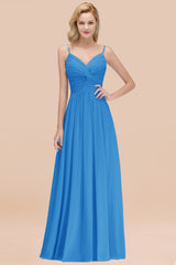 Chic V-Neck Pleated Backless Bridesmaid Dresses with Spaghetti Straps-Babyonlines