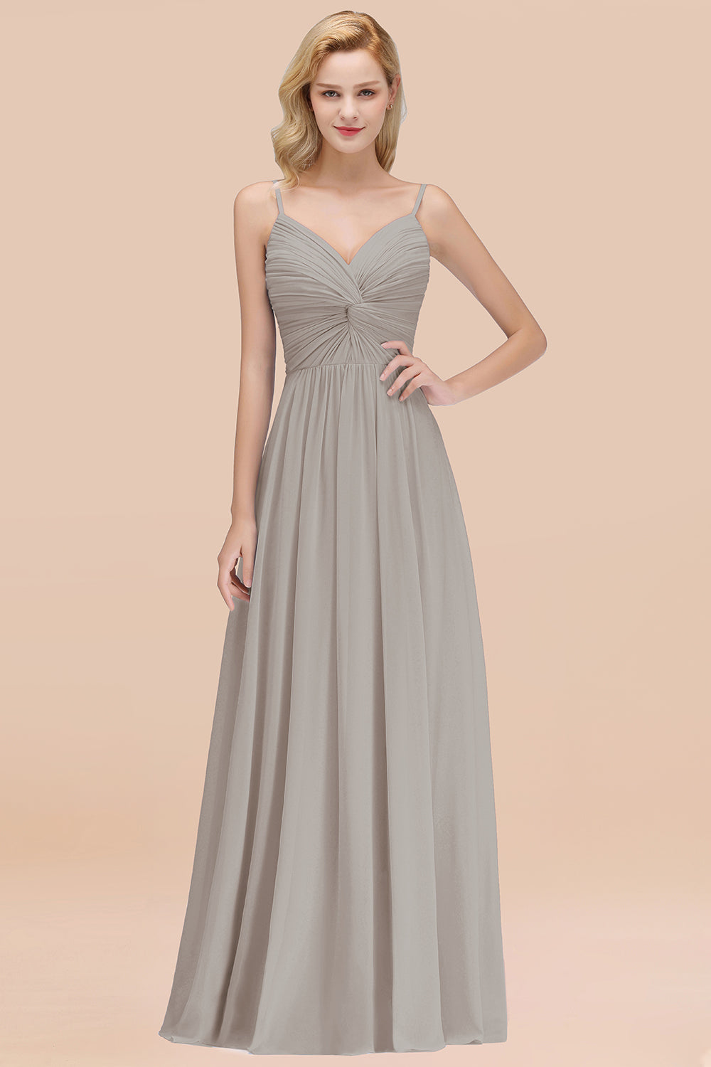 Chic V-Neck Pleated Backless Bridesmaid Dresses with Spaghetti Straps-Babyonlines