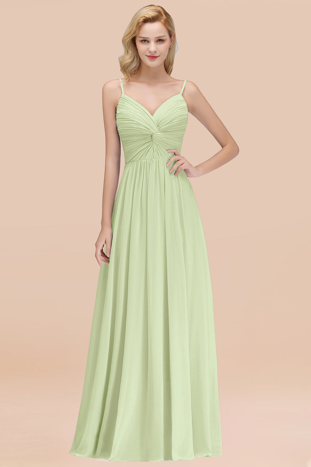 Chic V-Neck Pleated Backless Bridesmaid Dresses with Spaghetti Straps-Babyonlines