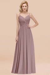 Chic V-Neck Pleated Backless Bridesmaid Dresses with Spaghetti Straps-Babyonlines