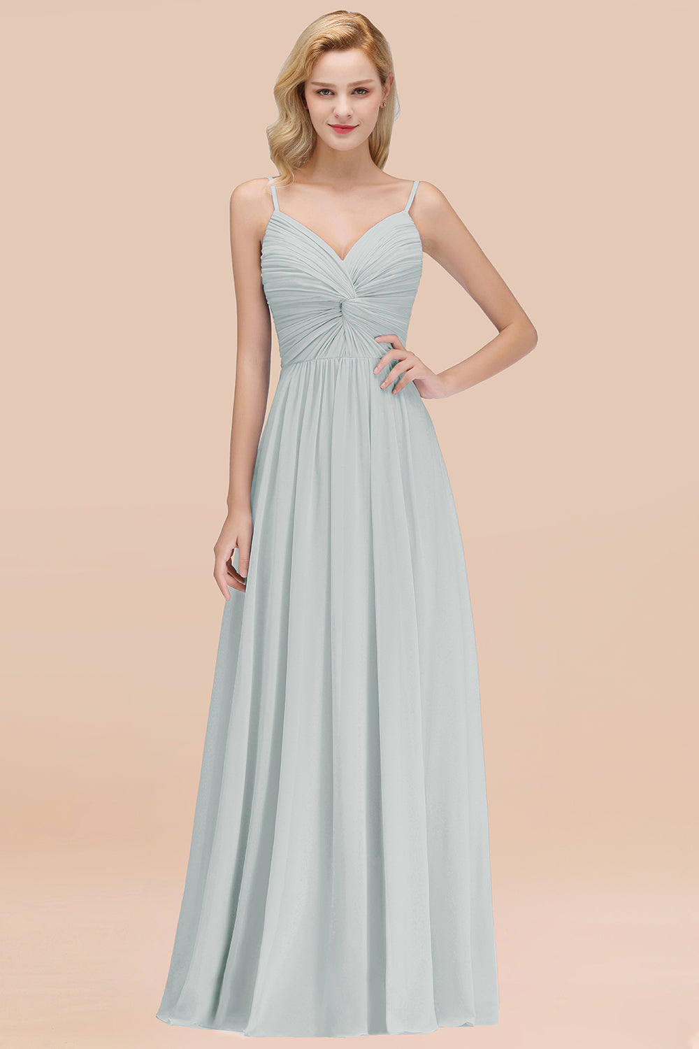 Chic V-Neck Pleated Backless Bridesmaid Dresses with Spaghetti Straps-Babyonlines