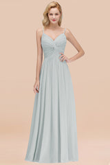 Chic V-Neck Pleated Backless Bridesmaid Dresses with Spaghetti Straps-Babyonlines