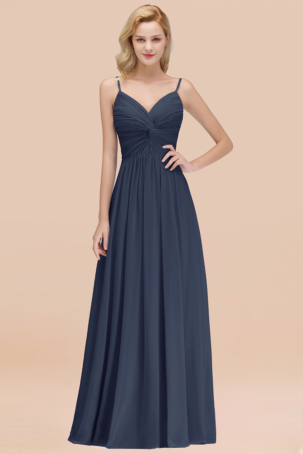 Chic V-Neck Pleated Backless Bridesmaid Dresses with Spaghetti Straps-Babyonlines