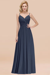 Chic V-Neck Pleated Backless Bridesmaid Dresses with Spaghetti Straps-Babyonlines