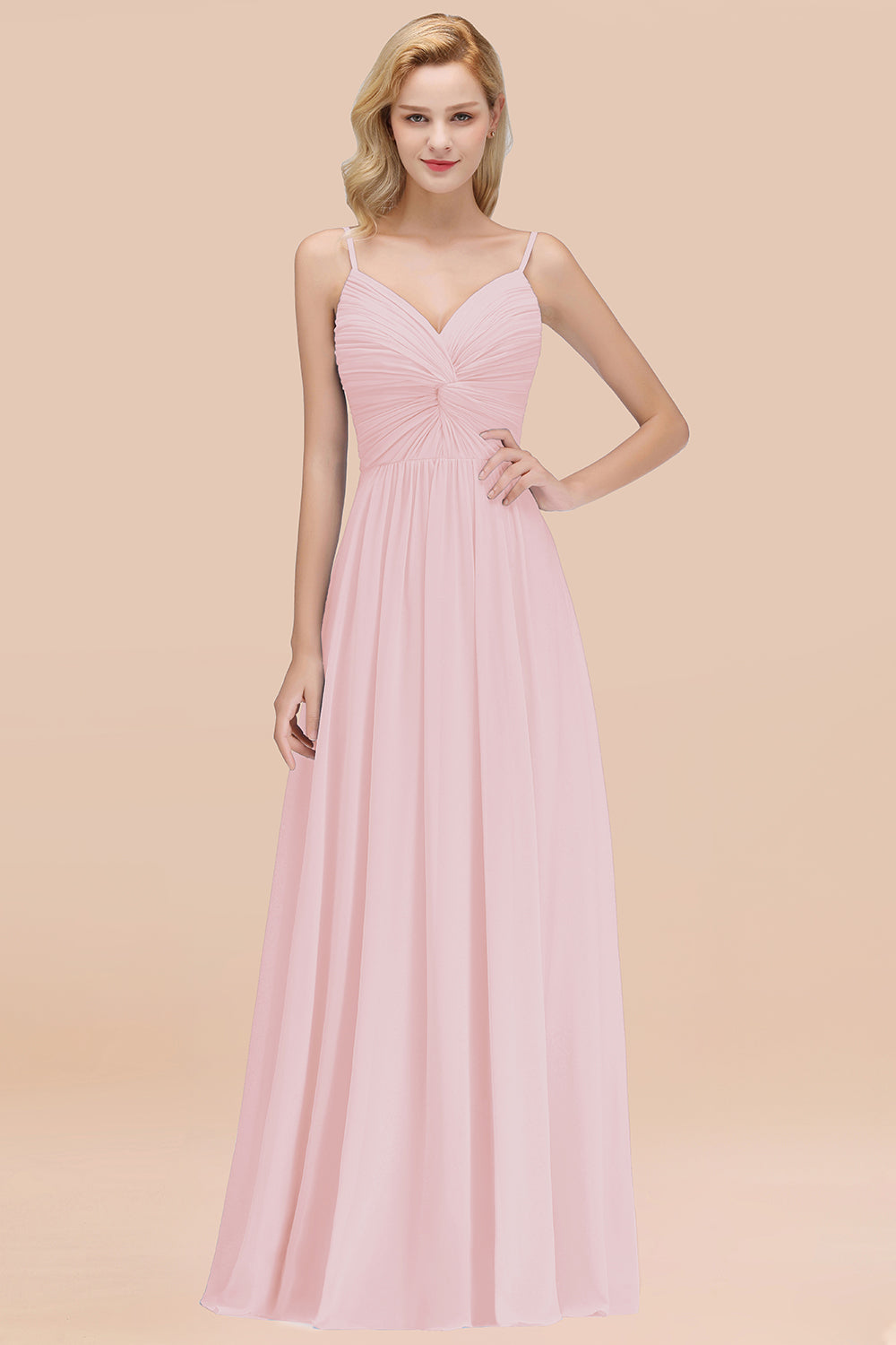 Chic V-Neck Pleated Backless Bridesmaid Dresses with Spaghetti Straps-Babyonlines