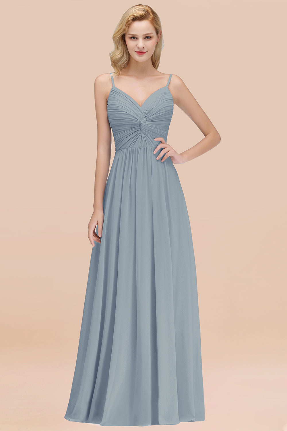 Chic V-Neck Pleated Backless Bridesmaid Dresses with Spaghetti Straps-Babyonlines