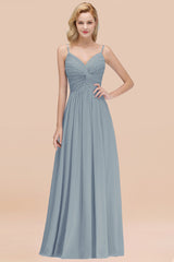 Chic V-Neck Pleated Backless Bridesmaid Dresses with Spaghetti Straps-Babyonlines