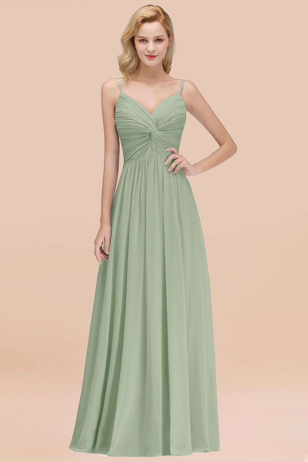 Chic V-Neck Pleated Backless Bridesmaid Dresses with Spaghetti Straps-Babyonlines