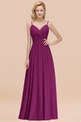 Chic V-Neck Pleated Backless Bridesmaid Dresses with Spaghetti Straps-Babyonlines