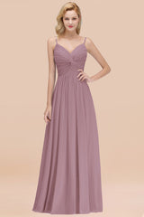 Chic V-Neck Pleated Backless Bridesmaid Dresses with Spaghetti Straps-Babyonlines