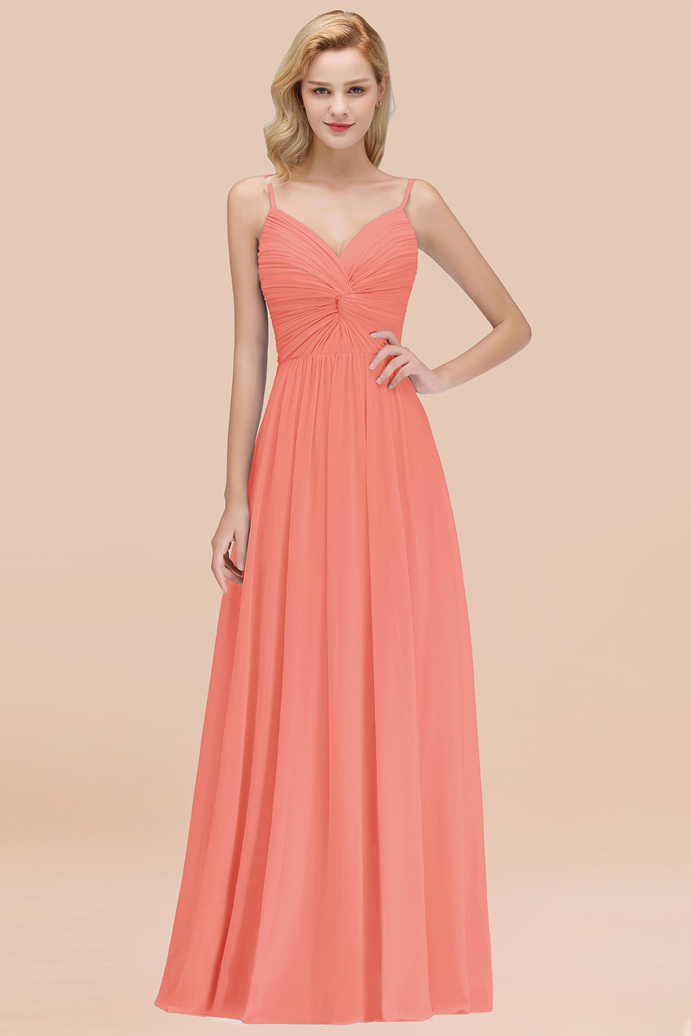 Chic V-Neck Pleated Backless Bridesmaid Dresses with Spaghetti Straps-Babyonlines