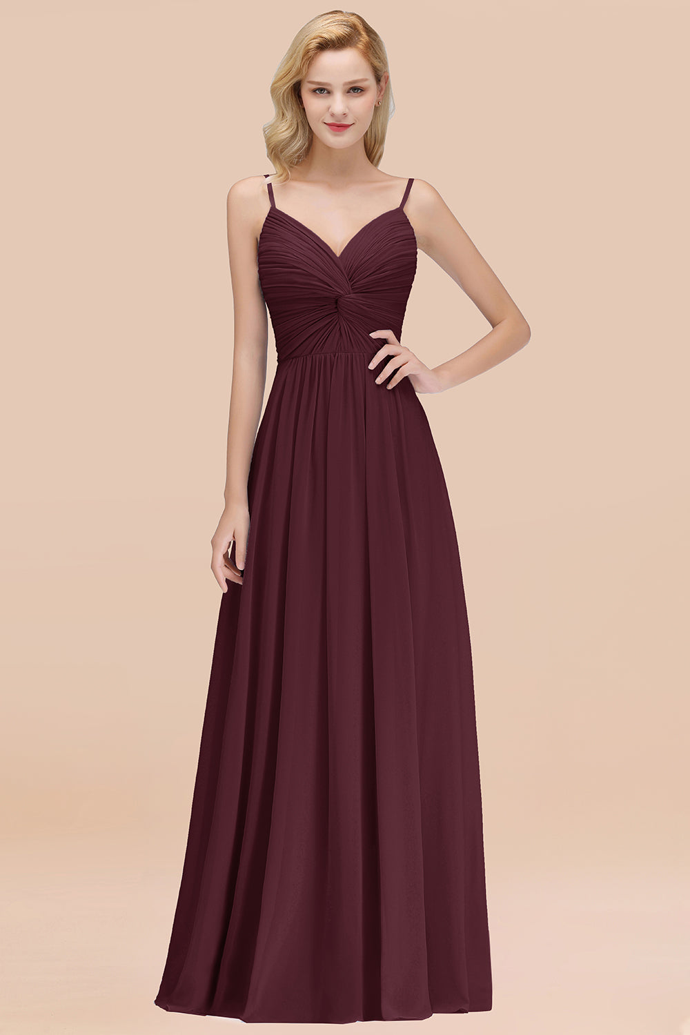 Chic V-Neck Pleated Backless Bridesmaid Dresses with Spaghetti Straps-Babyonlines