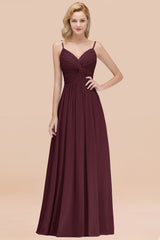 Chic V-Neck Pleated Backless Bridesmaid Dresses with Spaghetti Straps-Babyonlines