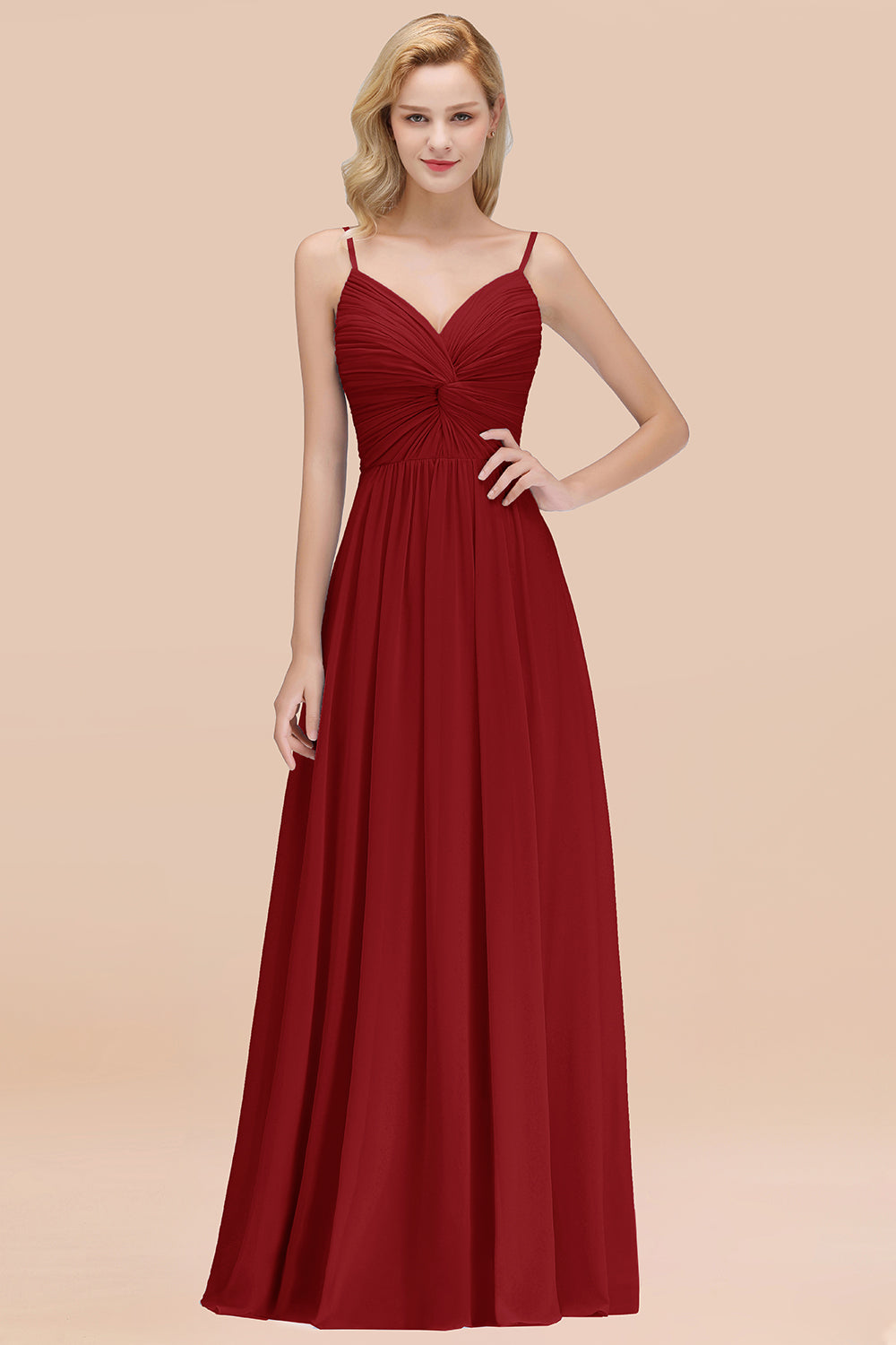 Chic V-Neck Pleated Backless Bridesmaid Dresses with Spaghetti Straps-Babyonlines