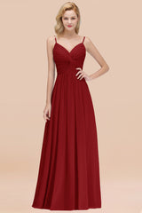 Chic V-Neck Pleated Backless Bridesmaid Dresses with Spaghetti Straps-Babyonlines