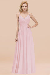 Chic V-Neck Pleated Backless Bridesmaid Dresses with Spaghetti Straps-Babyonlines
