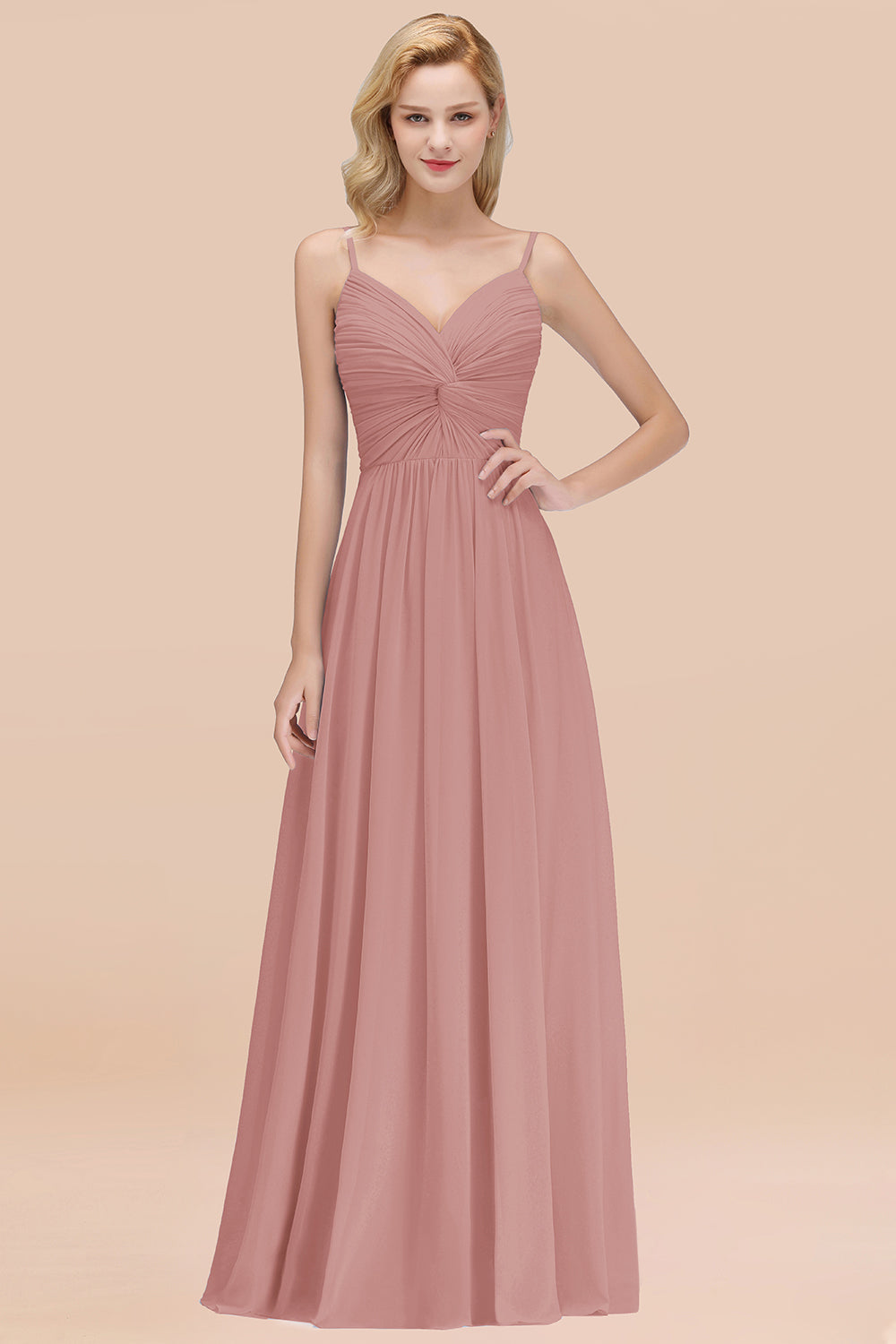 Chic V-Neck Pleated Backless Bridesmaid Dresses with Spaghetti Straps-Babyonlines