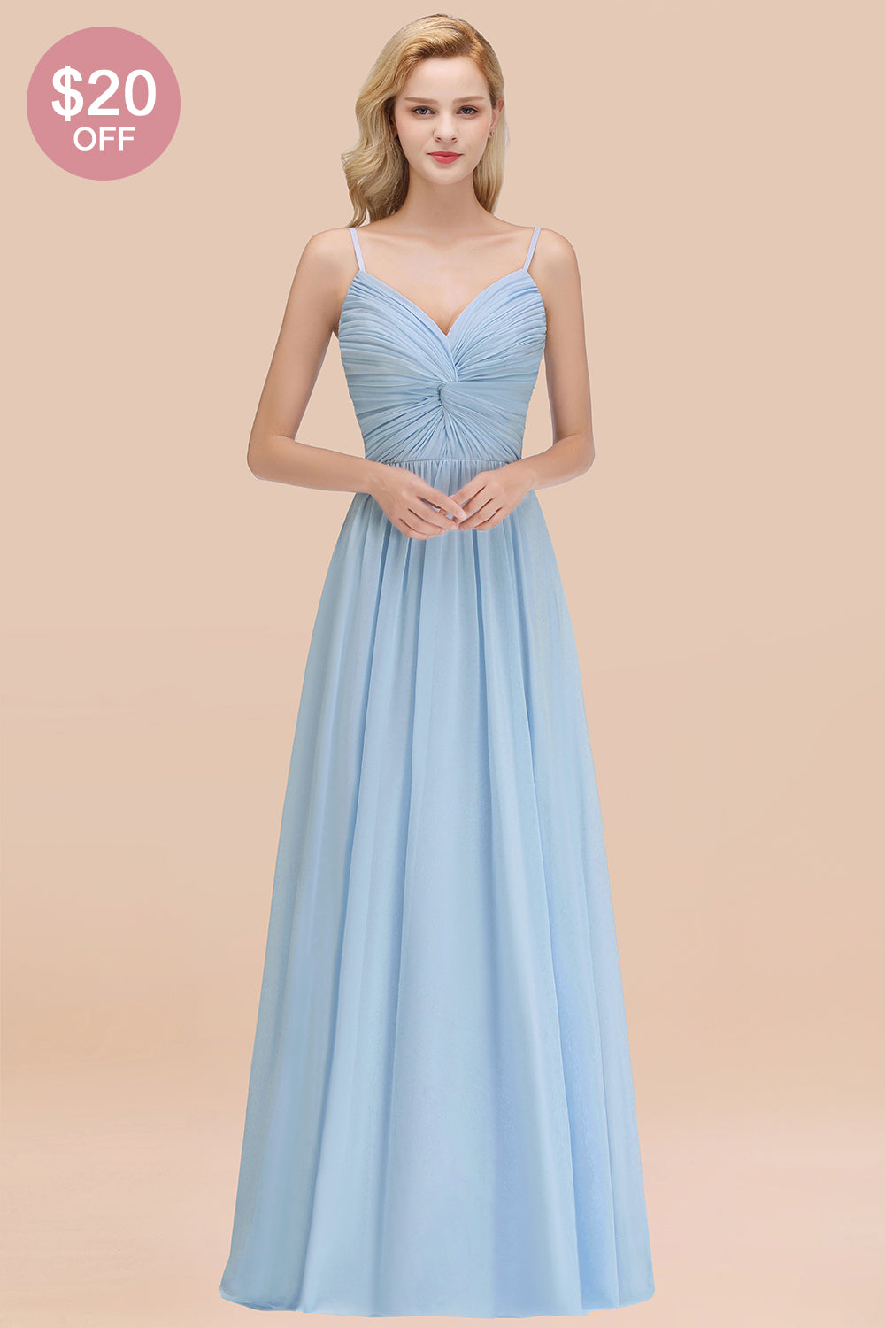 Chic V-Neck Pleated Backless Bridesmaid Dresses with Spaghetti Straps-Babyonlines
