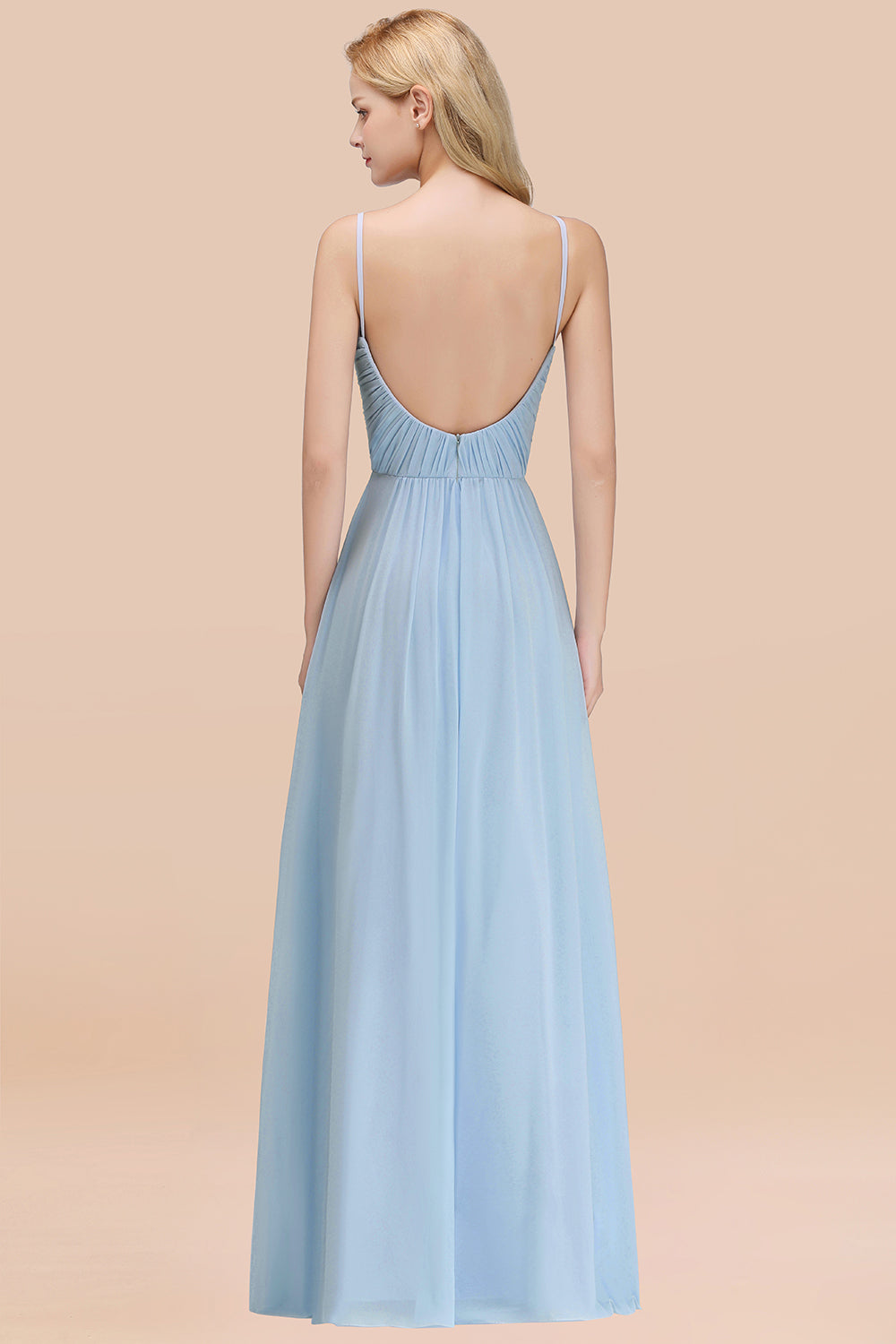 Chic V-Neck Pleated Backless Bridesmaid Dresses with Spaghetti Straps-Babyonlines
