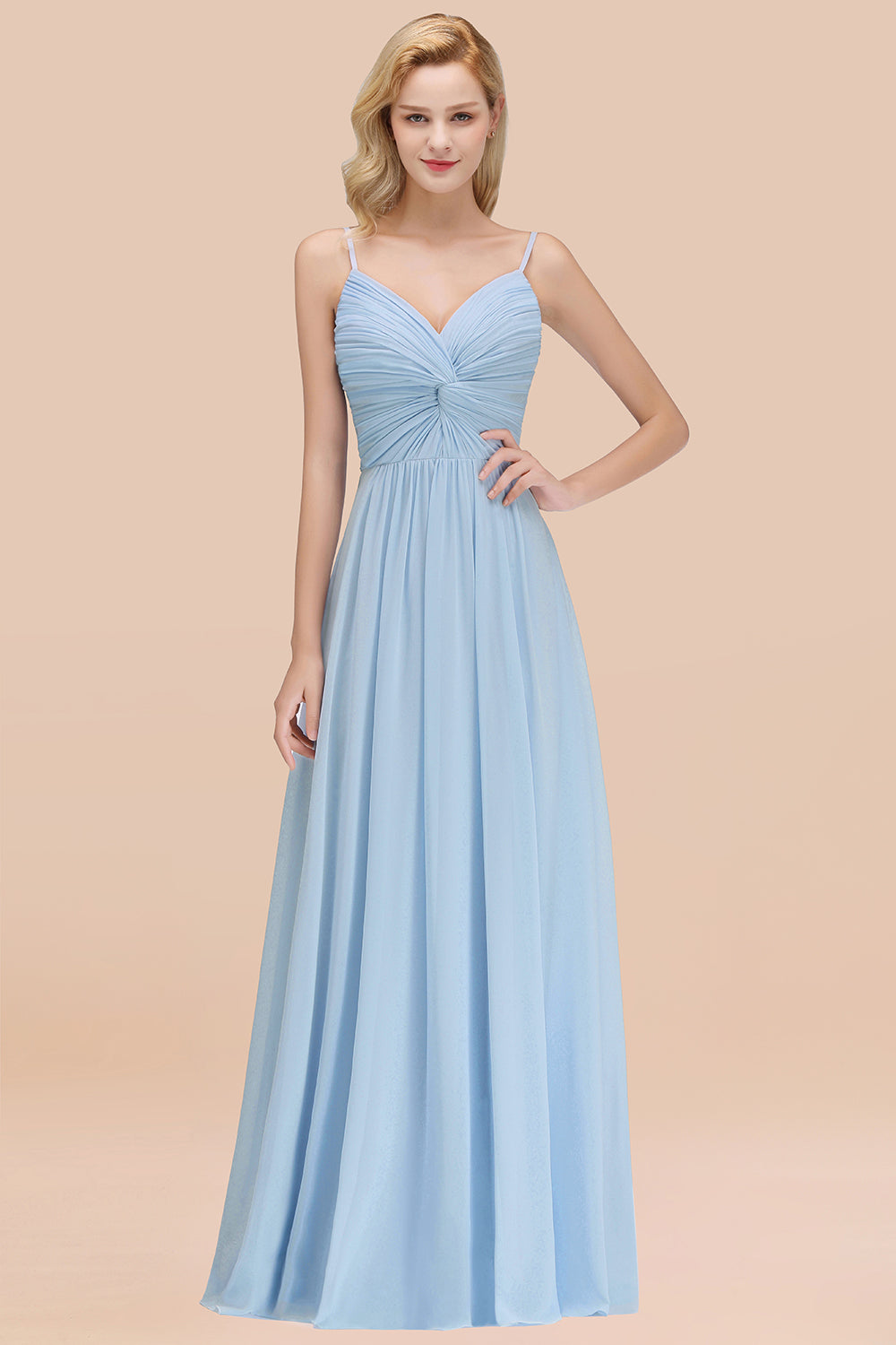 Chic V-Neck Pleated Backless Bridesmaid Dresses with Spaghetti Straps-Babyonlines