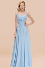 Chic V-Neck Pleated Backless Bridesmaid Dresses with Spaghetti Straps-Babyonlines
