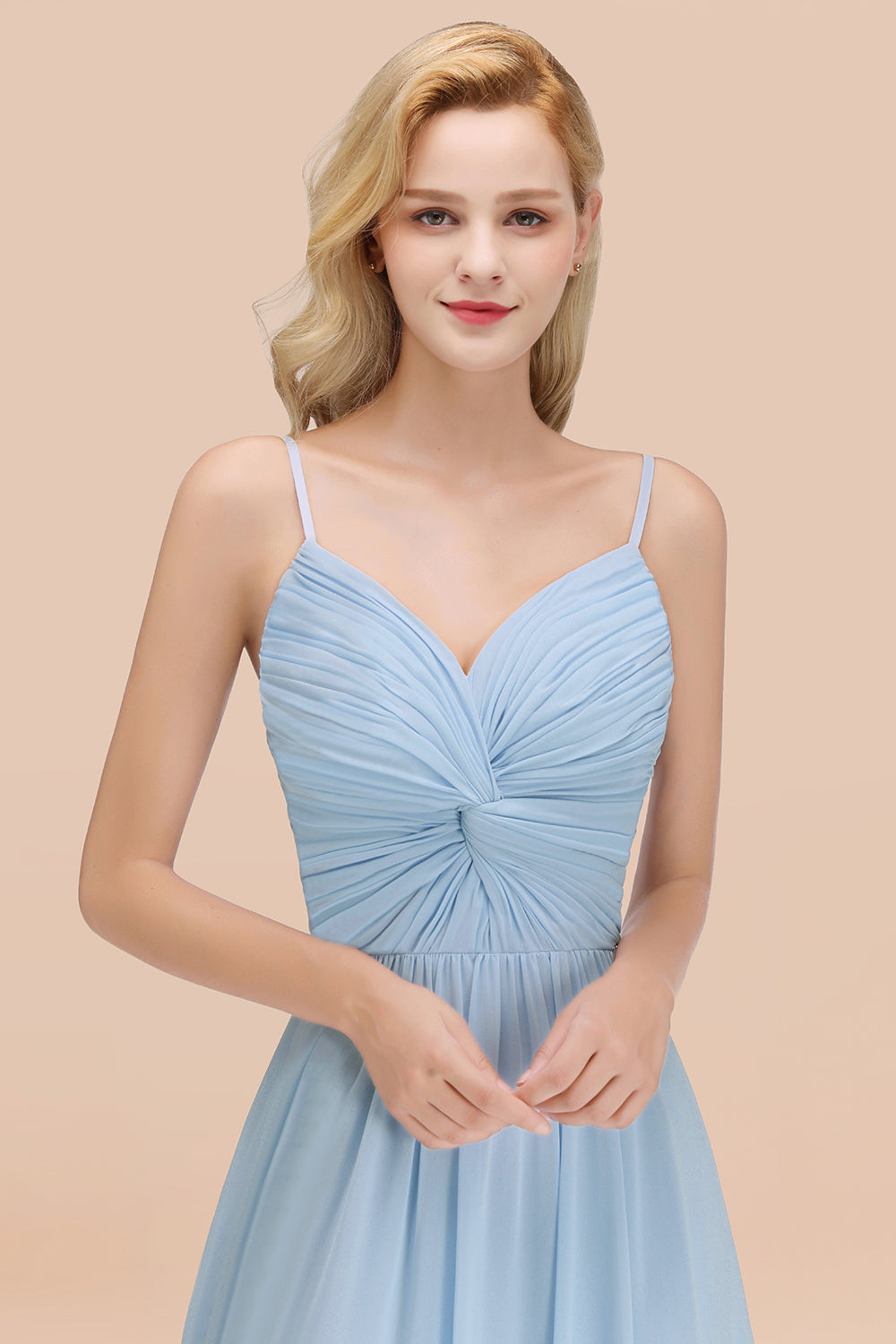 Chic V-Neck Pleated Backless Bridesmaid Dresses with Spaghetti Straps-Babyonlines