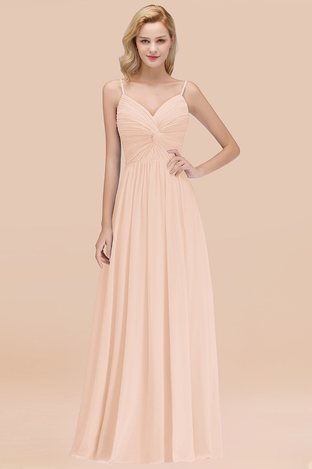 Chic V-Neck Pleated Backless Bridesmaid Dresses with Spaghetti Straps-Babyonlines